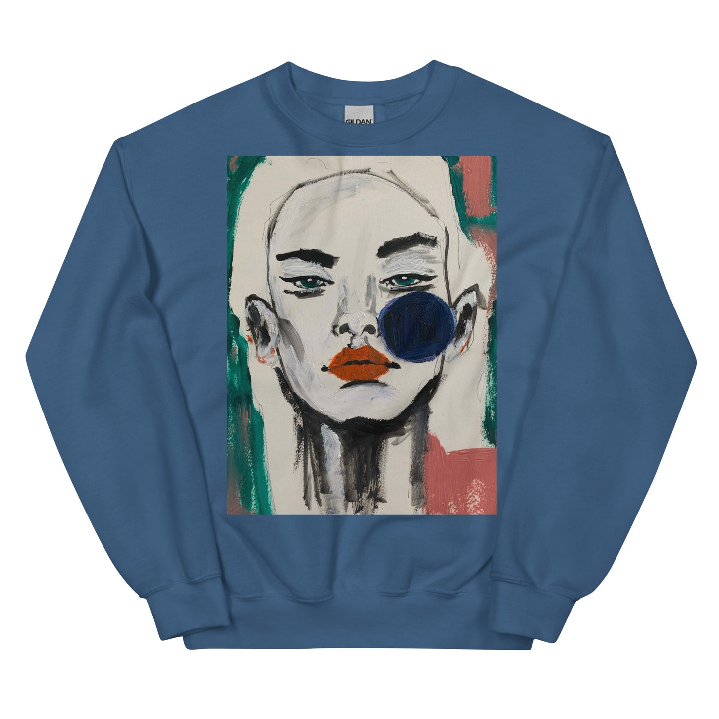 Blue Portrait Sweatshirt featuring serene woman's face in blue tones