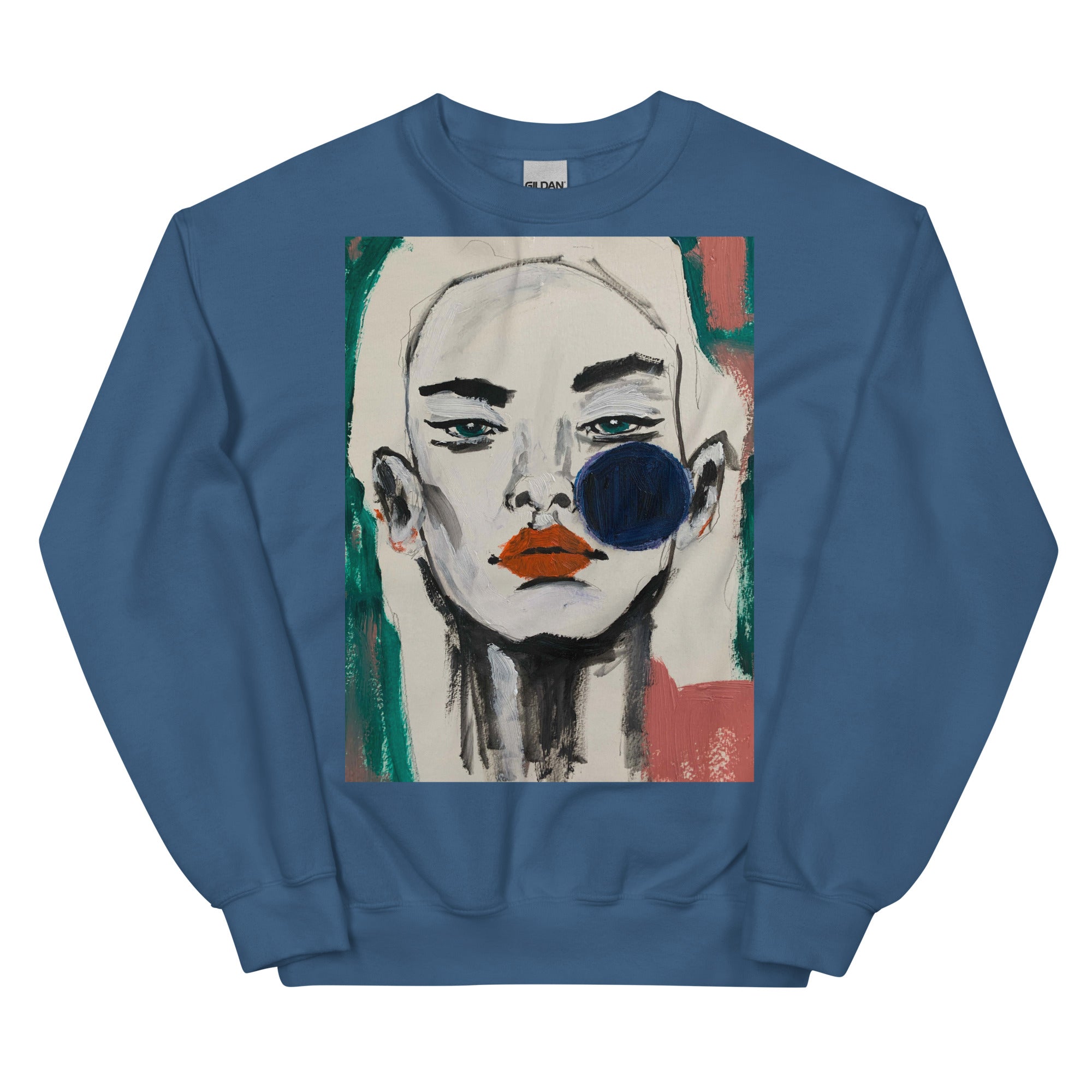 Blue Portrait Sweatshirt featuring serene woman's face in blue tones