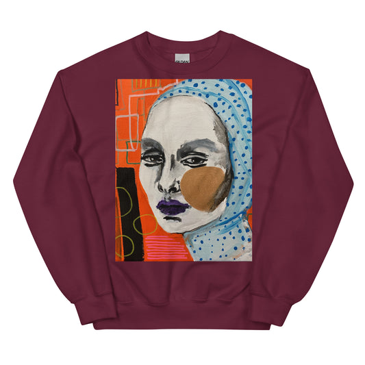 Orange Portrait Sweatshirt featuring vibrant artistic woman's face design