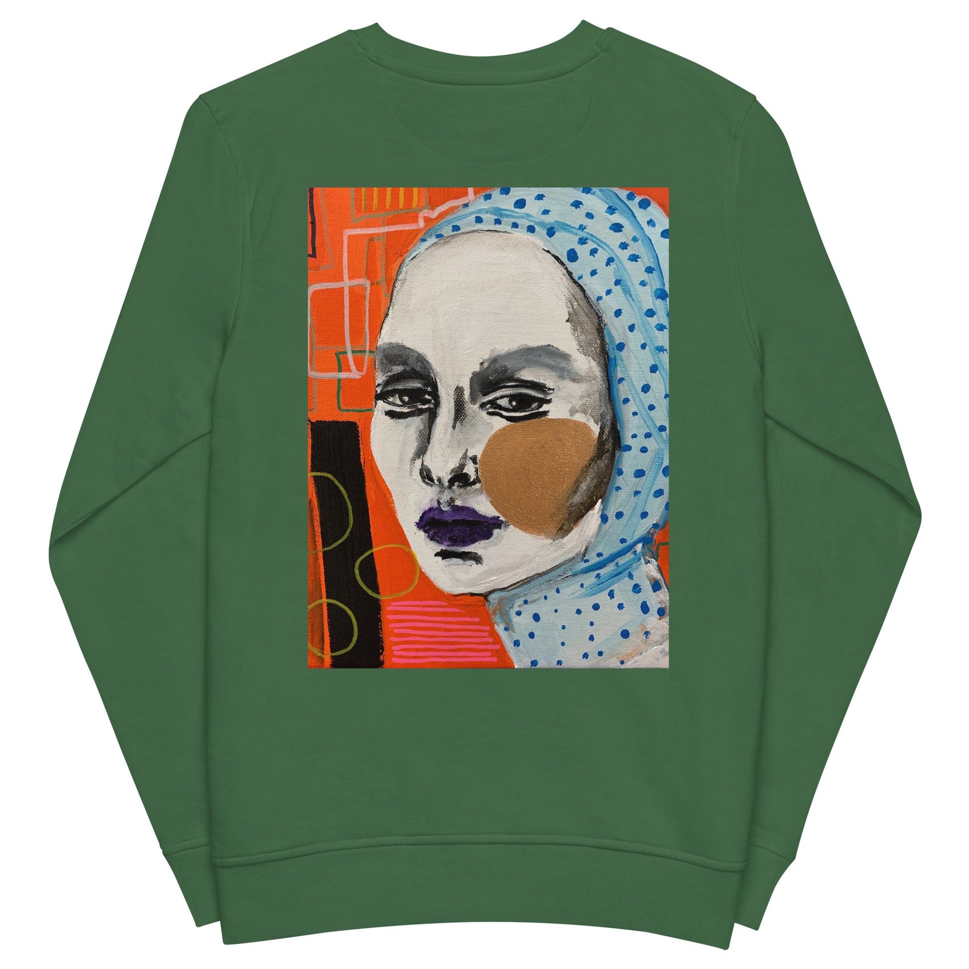 Everyday Be You Green Sweatshirt with abstract woman's face design